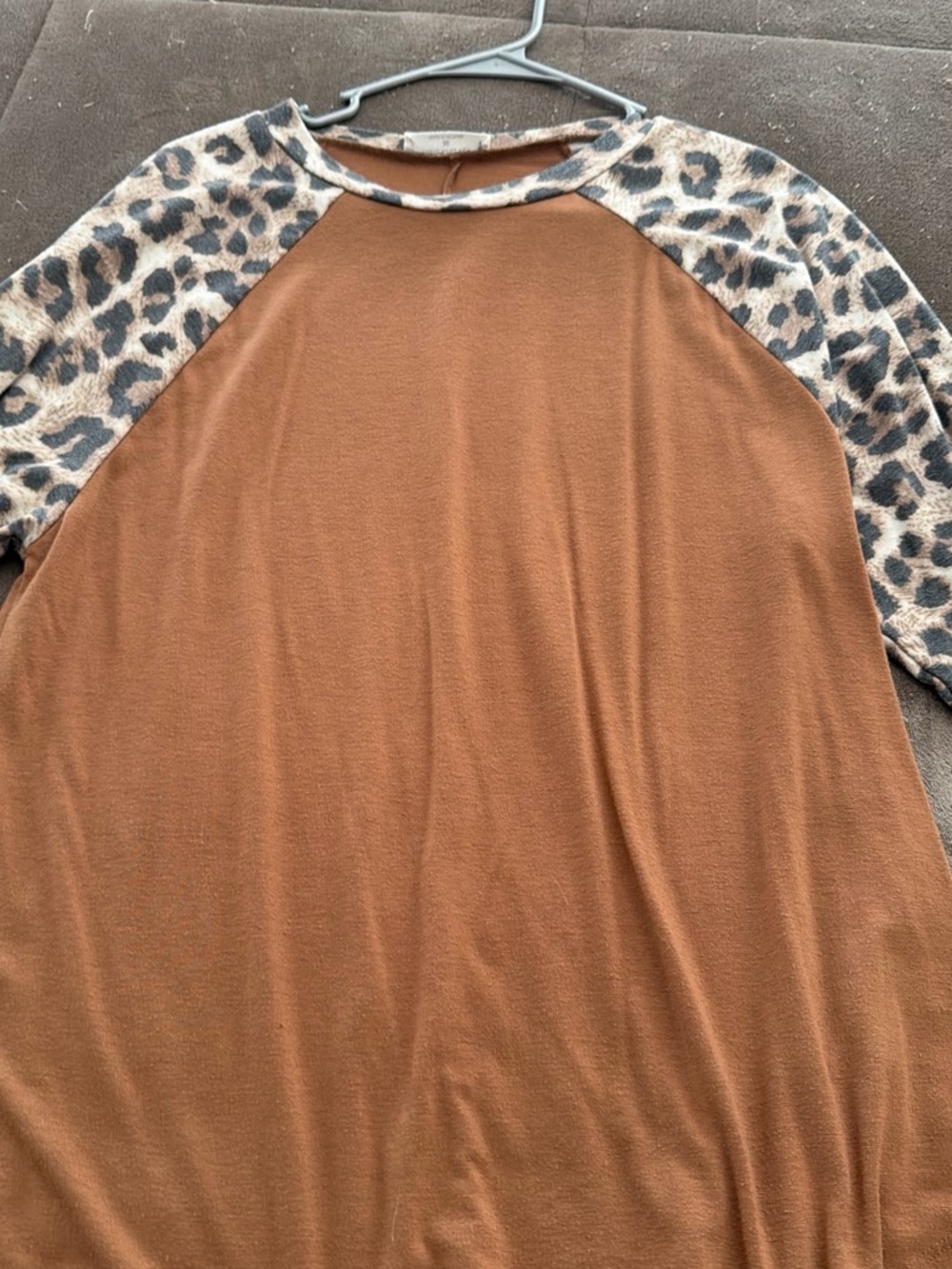 Zenana Outfitters Brown Raglan Tunic with Leopard Print Sleeves